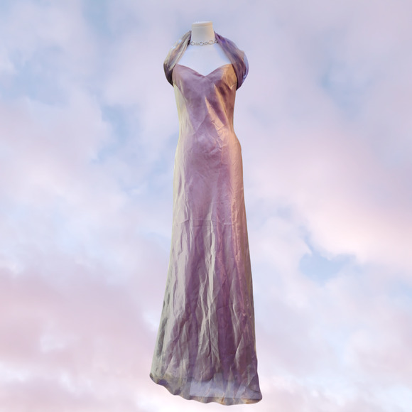 Vtg 90s Delaru Sheila Yen Opalescent Long Maxi Formal V-Neck Strappy Shawl Dress - Picture 1 of 8
